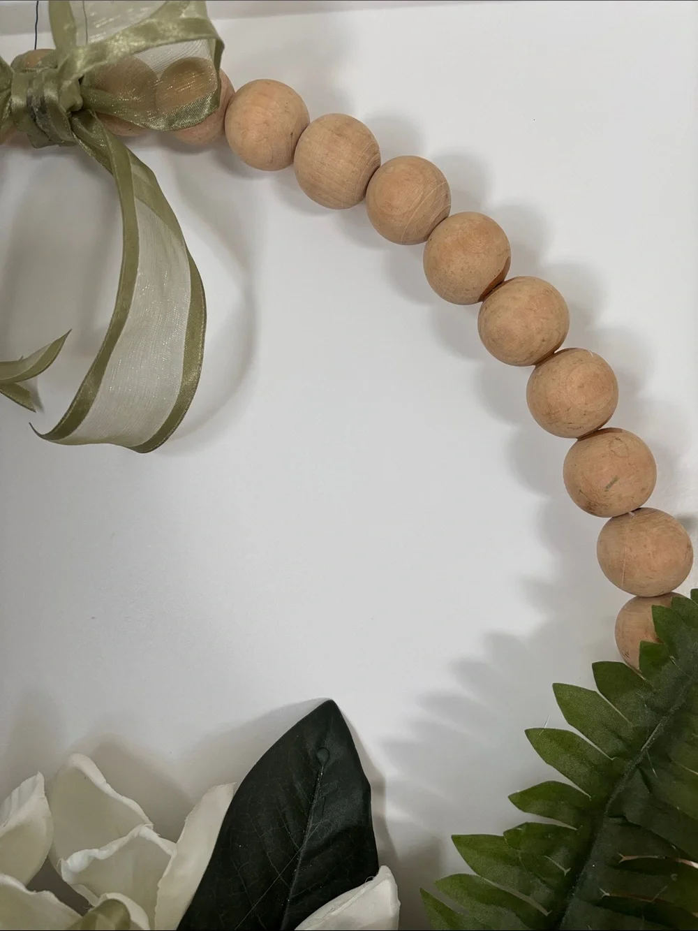 Hand Crafted White Floral Bead Hoop Wreath with Green Ribbon